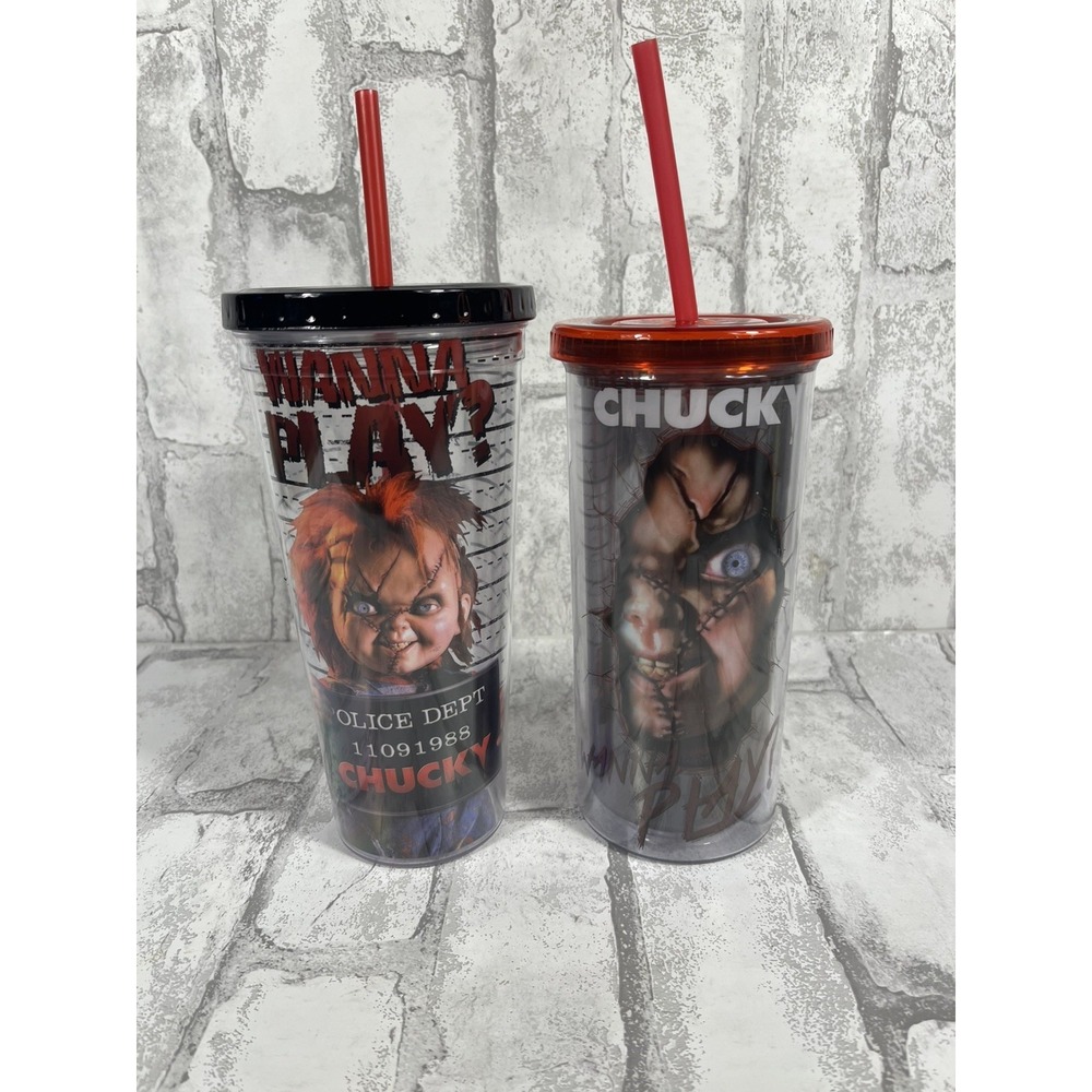 (2) Child's Play Chucky Wanna Play 20 oz Tumbler Collectible Horror Halloween